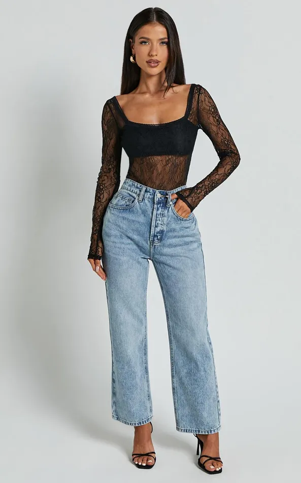 Showpo Cynthia Bodysuit 8211 Long Sleeve Lace Bodysuit In Black Women Tops