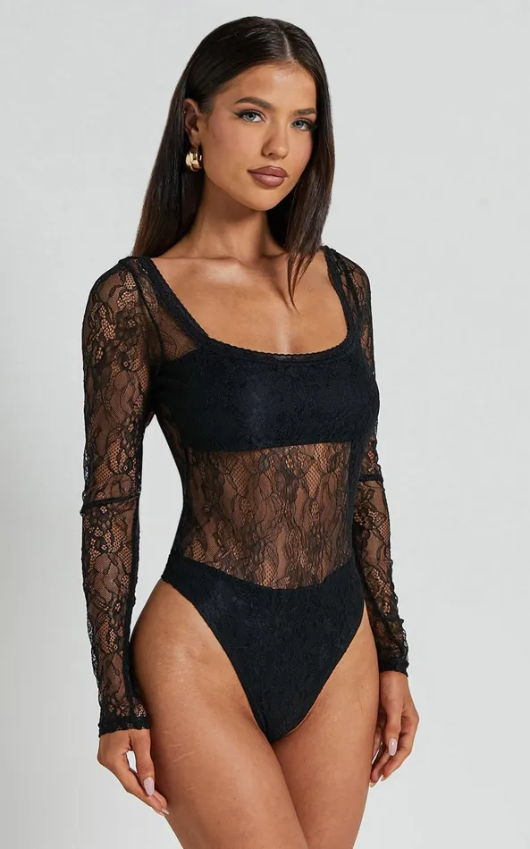 Showpo Cynthia Bodysuit 8211 Long Sleeve Lace Bodysuit In Black Women Tops