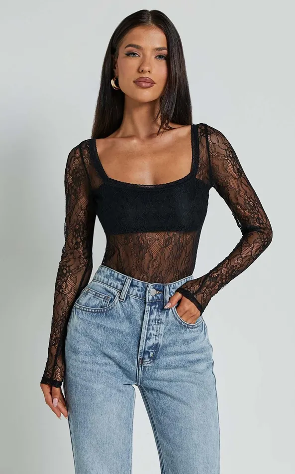 Showpo Cynthia Bodysuit 8211 Long Sleeve Lace Bodysuit In Black Women Tops