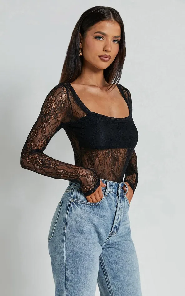 Showpo Cynthia Bodysuit 8211 Long Sleeve Lace Bodysuit In Black Women Tops