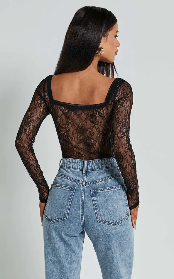 Showpo Cynthia Bodysuit 8211 Long Sleeve Lace Bodysuit In Black Women Tops