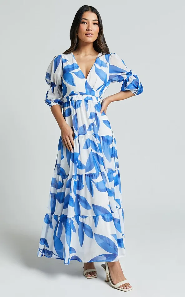 Showpo Cynthia Midi Dress 8211 V Neck Puff Sleeve Tiered Dress In Blue And White Print Women Dresses Showpo Cynthia Midi Dress 8211 V Neck Puff Sleeve Tiered Dress In Blue And White Print Women Dresses
