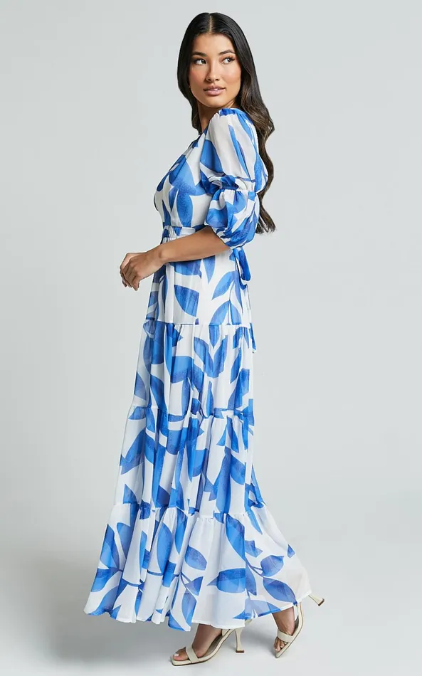 Showpo Cynthia Midi Dress 8211 V Neck Puff Sleeve Tiered Dress In Blue And White Print Women Dresses