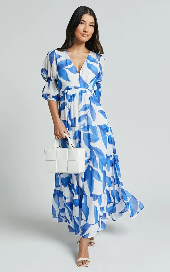 Showpo Cynthia Midi Dress 8211 V Neck Puff Sleeve Tiered Dress In Blue And White Print Women Dresses