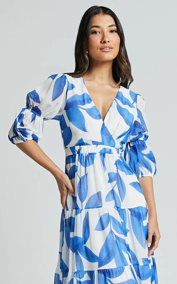 Showpo Cynthia Midi Dress 8211 V Neck Puff Sleeve Tiered Dress In Blue And White Print Women Dresses