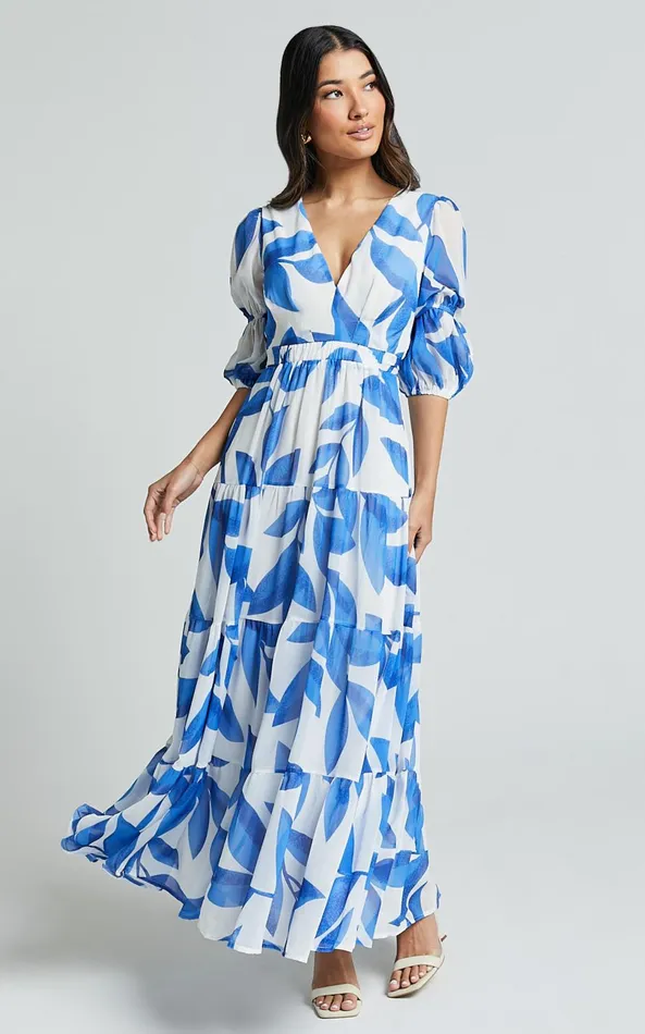 Showpo Cynthia Midi Dress 8211 V Neck Puff Sleeve Tiered Dress In Blue And White Print Women Dresses