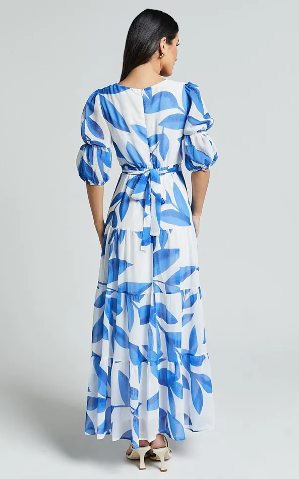 Showpo Cynthia Midi Dress 8211 V Neck Puff Sleeve Tiered Dress In Blue And White Print Women Dresses
