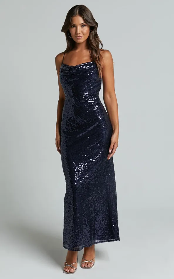 Showpo Cynthie Midi Dress 8211 Strappy Cowl Neck Sequin Slip Dress In Navy Women Dresses Showpo Cynthie Midi Dress 8211 Strappy Cowl Neck Sequin Slip Dress In Navy Women Dresses