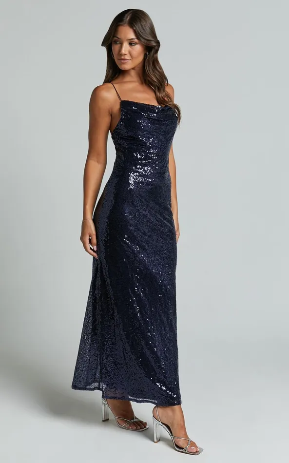 Showpo Cynthie Midi Dress 8211 Strappy Cowl Neck Sequin Slip Dress In Navy Women Dresses