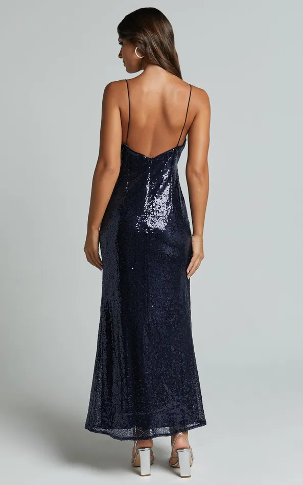 Showpo Cynthie Midi Dress 8211 Strappy Cowl Neck Sequin Slip Dress In Navy Women Dresses