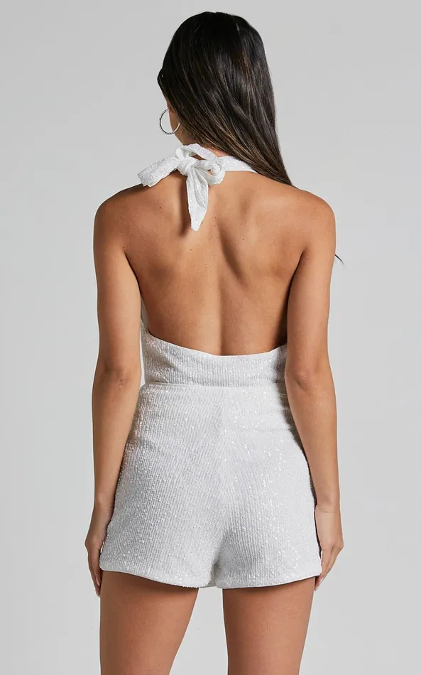 Showpo Cynthina Top 8211 Sequin Cowl Halter Neck Tie In White Women Tops