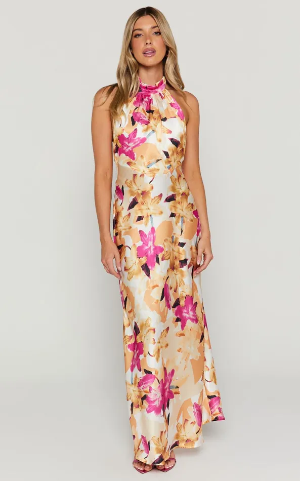 Showpo Cyra Midi Dress 8211 Halter Neck Satin Bias Dress In Pink Floral Women Dresses Showpo Cyra Midi Dress 8211 Halter Neck Satin Bias Dress In Pink Floral Women Dresses