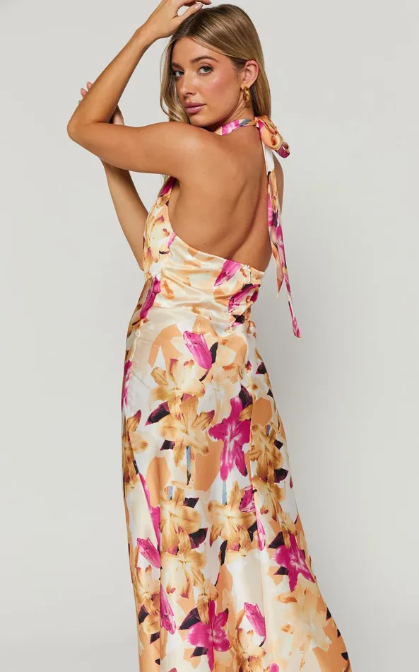 Showpo Cyra Midi Dress 8211 Halter Neck Satin Bias Dress In Pink Floral Women Dresses