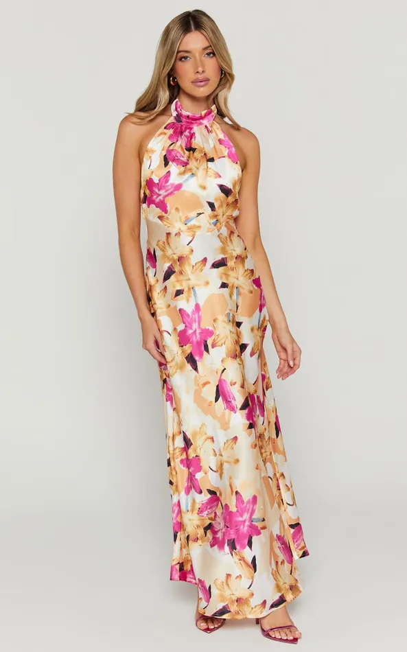 Showpo Cyra Midi Dress 8211 Halter Neck Satin Bias Dress In Pink Floral Women Dresses