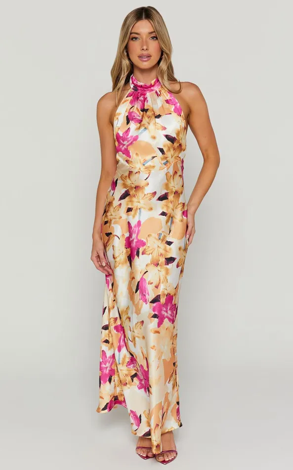 Showpo Cyra Midi Dress 8211 Halter Neck Satin Bias Dress In Pink Floral Women Dresses