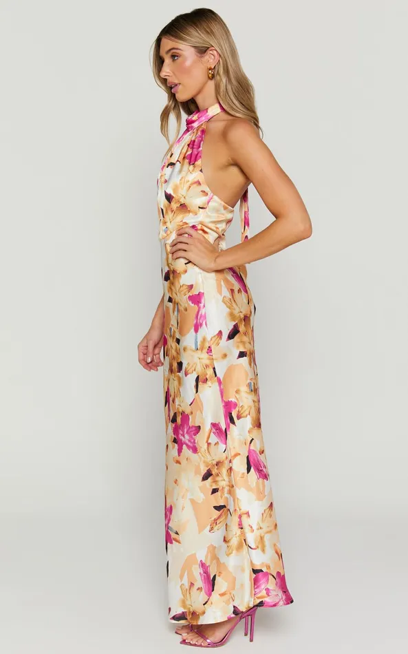 Showpo Cyra Midi Dress 8211 Halter Neck Satin Bias Dress In Pink Floral Women Dresses