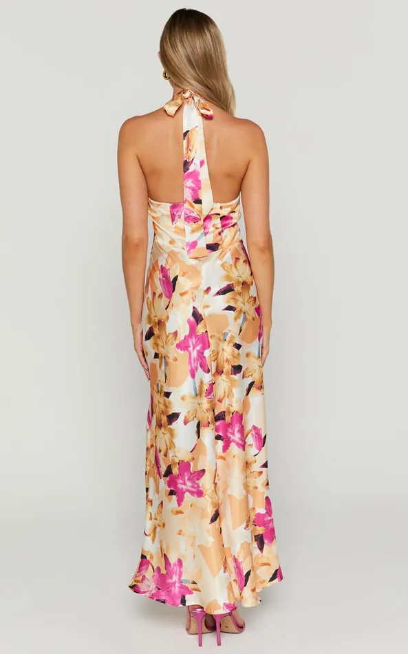 Showpo Cyra Midi Dress 8211 Halter Neck Satin Bias Dress In Pink Floral Women Dresses