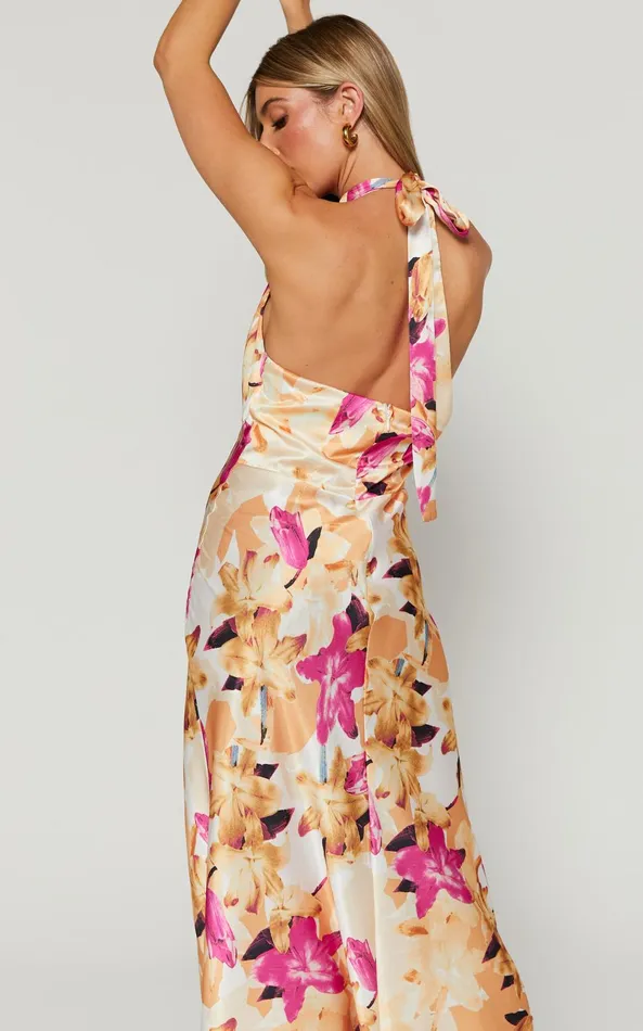 Showpo Cyra Midi Dress 8211 Halter Neck Satin Bias Dress In Pink Floral Women Dresses