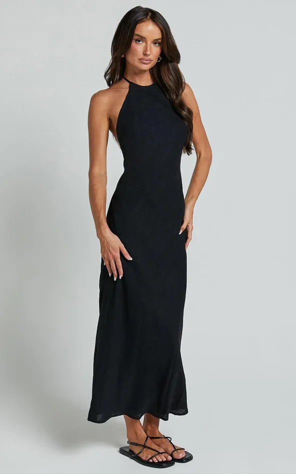Showpo Cyrena Maxi Dress 8211 Linen Look Halter Neck Sleeveless Slip Dress In Black Women Dresses