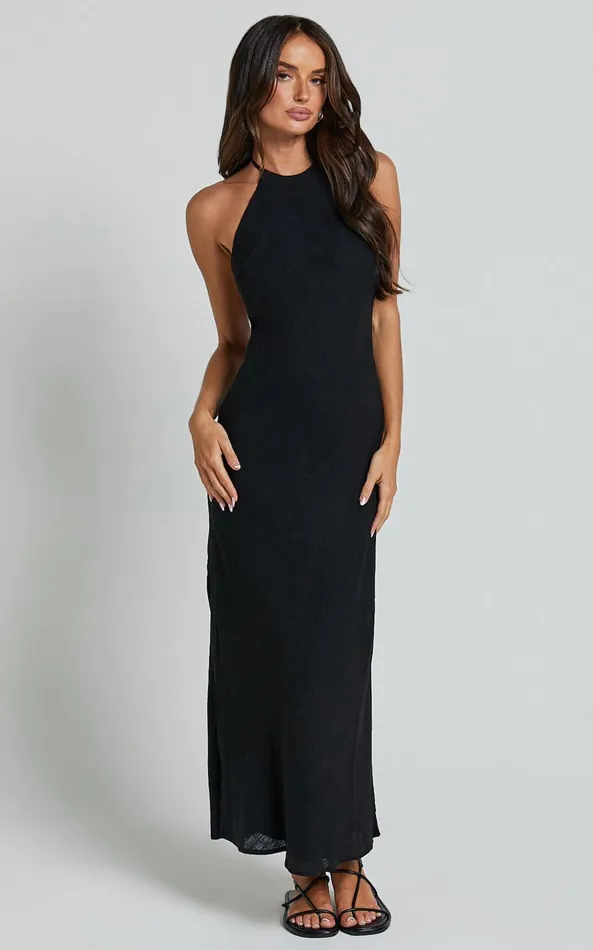 Showpo Cyrena Maxi Dress 8211 Linen Look Halter Neck Sleeveless Slip Dress In Black Women Dresses