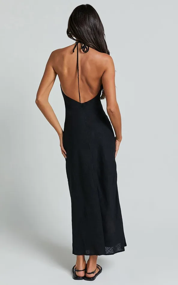 Showpo Cyrena Maxi Dress 8211 Linen Look Halter Neck Sleeveless Slip Dress In Black Women Dresses