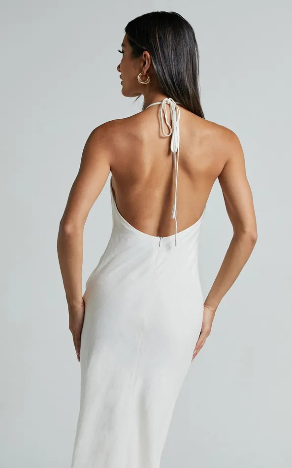 Showpo Cyrena Maxi Dress 8211 Linen Look Halter Neck Sleeveless Slip Dress In Off White Women Dresses