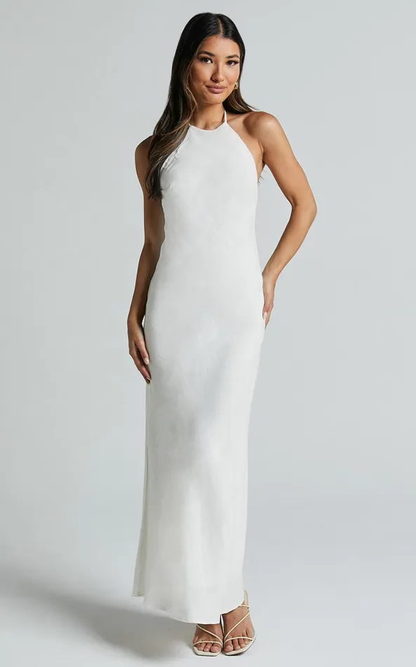 Showpo Cyrena Maxi Dress 8211 Linen Look Halter Neck Sleeveless Slip Dress In Off White Women Dresses