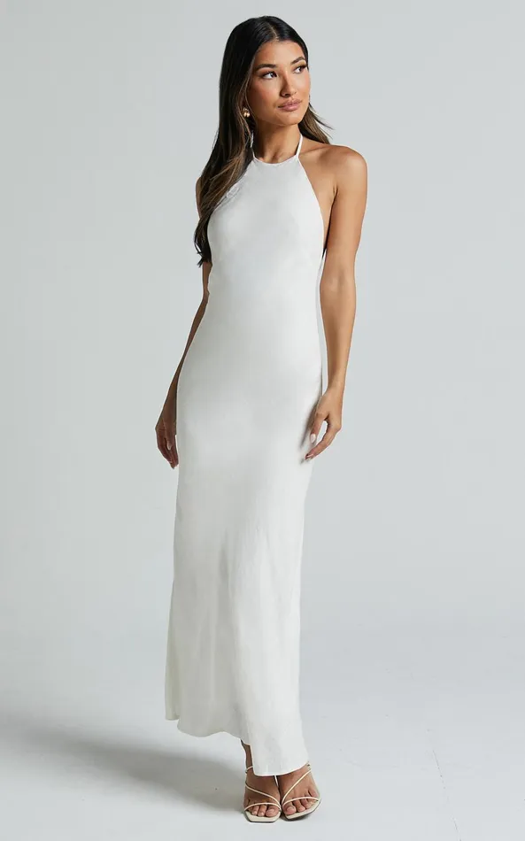 Showpo Cyrena Maxi Dress 8211 Linen Look Halter Neck Sleeveless Slip Dress In Off White Women Dresses