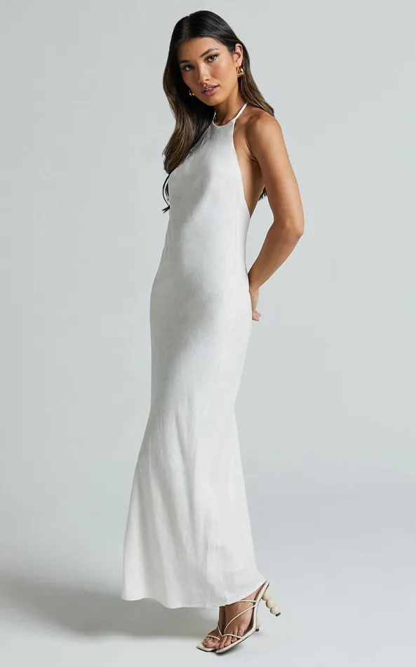 Showpo Cyrena Maxi Dress 8211 Linen Look Halter Neck Sleeveless Slip Dress In Off White Women Dresses