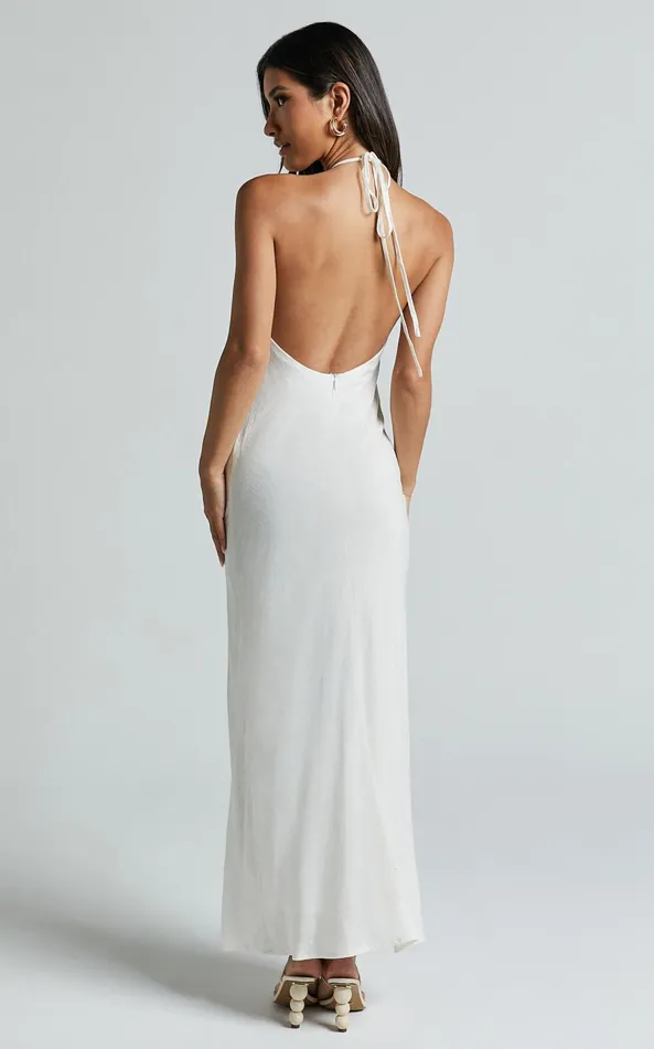 Showpo Cyrena Maxi Dress 8211 Linen Look Halter Neck Sleeveless Slip Dress In Off White Women Dresses