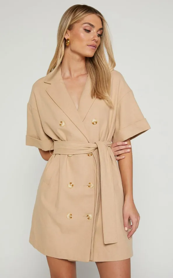 Showpo Cyrus Mini Dress 8211 Waist Wrap Short Sleeve Blazer Mini Dress In Stone Women Curve Clothes