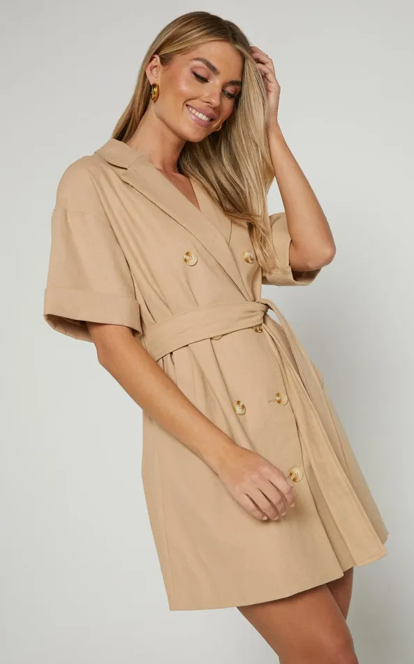 Showpo Cyrus Mini Dress 8211 Waist Wrap Short Sleeve Blazer Mini Dress In Stone Women Curve Clothes