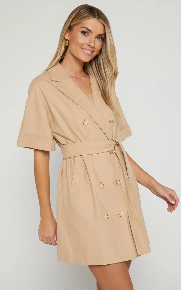 Showpo Cyrus Mini Dress 8211 Waist Wrap Short Sleeve Blazer Mini Dress In Stone Women Curve Clothes