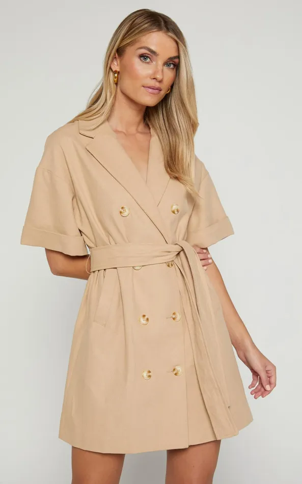 Showpo Cyrus Mini Dress 8211 Waist Wrap Short Sleeve Blazer Mini Dress In Stone Women Curve Clothes