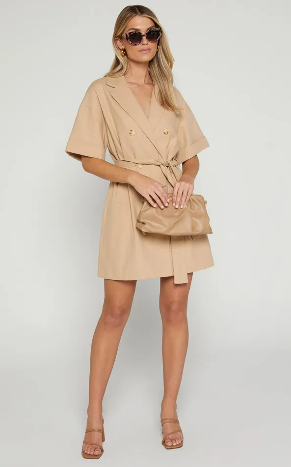 Showpo Cyrus Mini Dress 8211 Waist Wrap Short Sleeve Blazer Mini Dress In Stone Women Curve Clothes