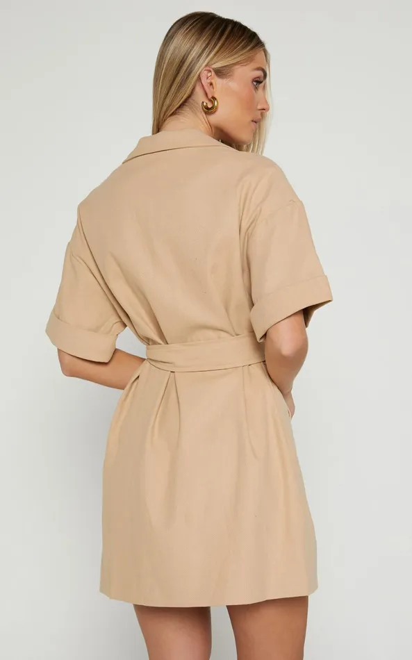 Showpo Cyrus Mini Dress 8211 Waist Wrap Short Sleeve Blazer Mini Dress In Stone Women Curve Clothes