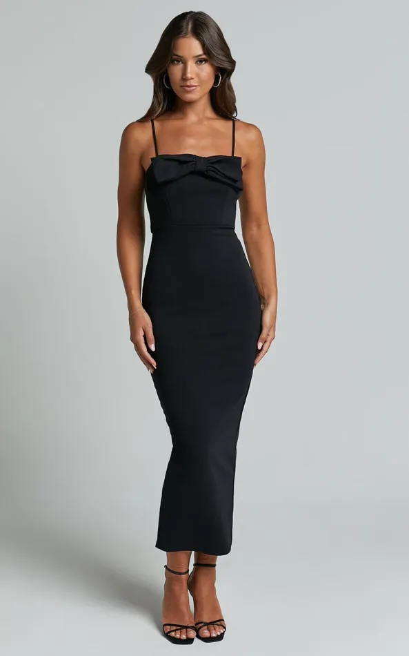 Showpo Dahlia Midi Dress 8211 Bow Square Neck Dress In Black Women Dresses