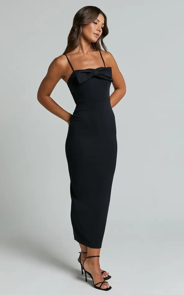 Showpo Dahlia Midi Dress 8211 Bow Square Neck Dress In Black Women Dresses