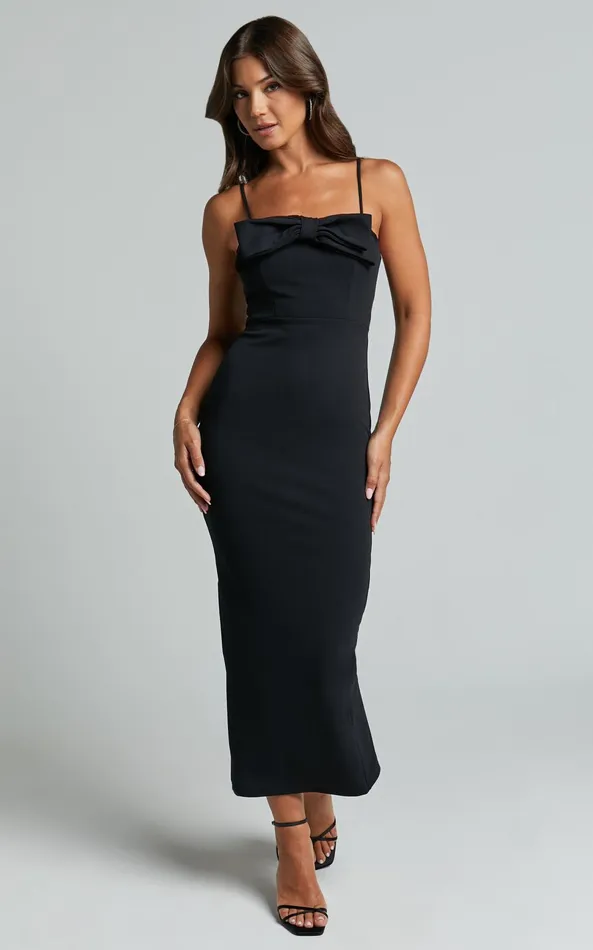 Showpo Dahlia Midi Dress 8211 Bow Square Neck Dress In Black Women Dresses