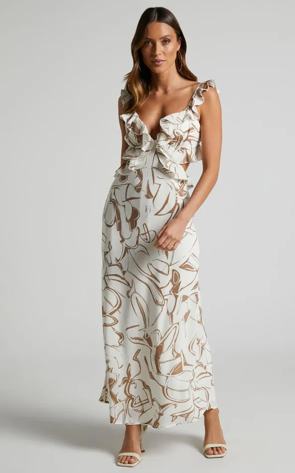 Showpo Dahlia Midi Dress 8211 Ruffle Details Slip Dress In Beige Swirl Women Dresses Showpo Dahlia Midi Dress 8211 Ruffle Details Slip Dress In Beige Swirl Women Dresses