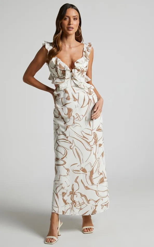 Showpo Dahlia Midi Dress 8211 Ruffle Details Slip Dress In Beige Swirl Women Dresses