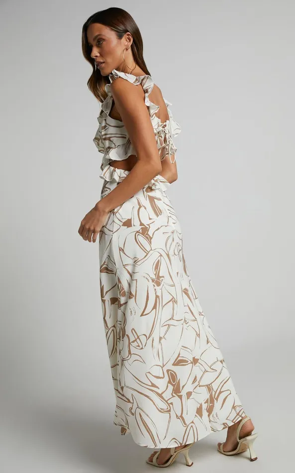 Showpo Dahlia Midi Dress 8211 Ruffle Details Slip Dress In Beige Swirl Women Dresses