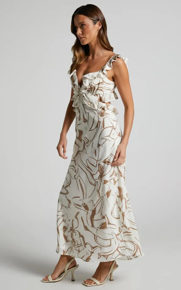 Showpo Dahlia Midi Dress 8211 Ruffle Details Slip Dress In Beige Swirl Women Dresses