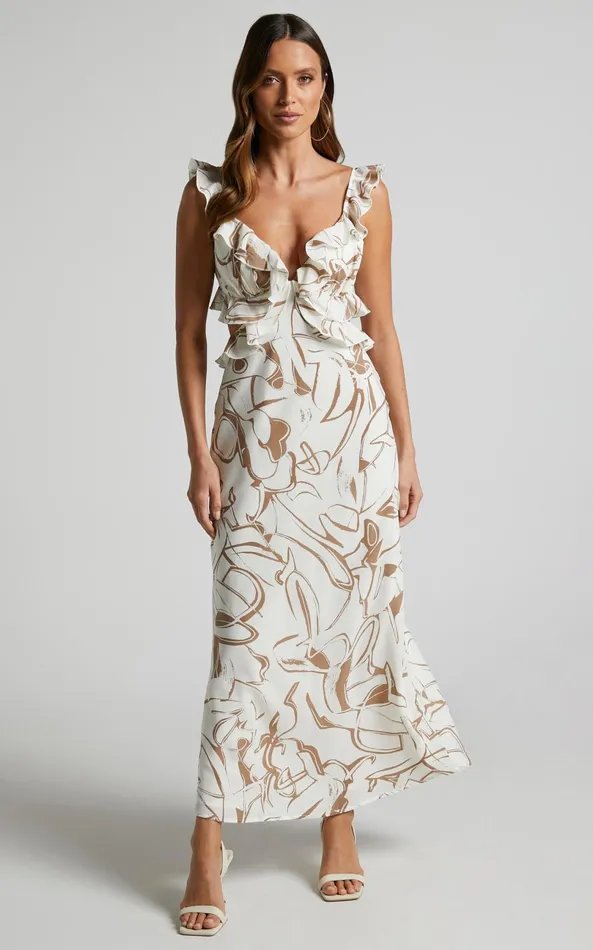 Showpo Dahlia Midi Dress 8211 Ruffle Details Slip Dress In Beige Swirl Women Dresses