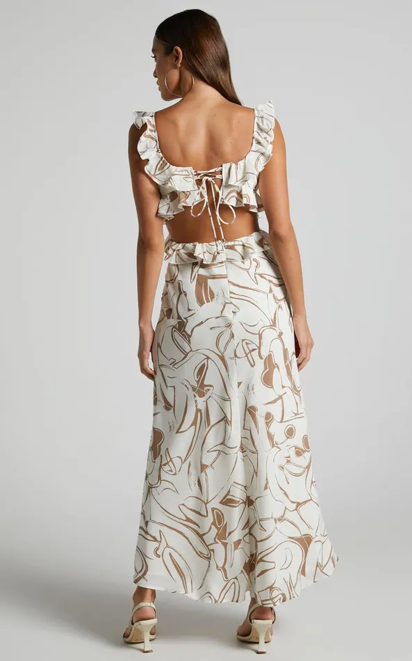 Showpo Dahlia Midi Dress 8211 Ruffle Details Slip Dress In Beige Swirl Women Dresses