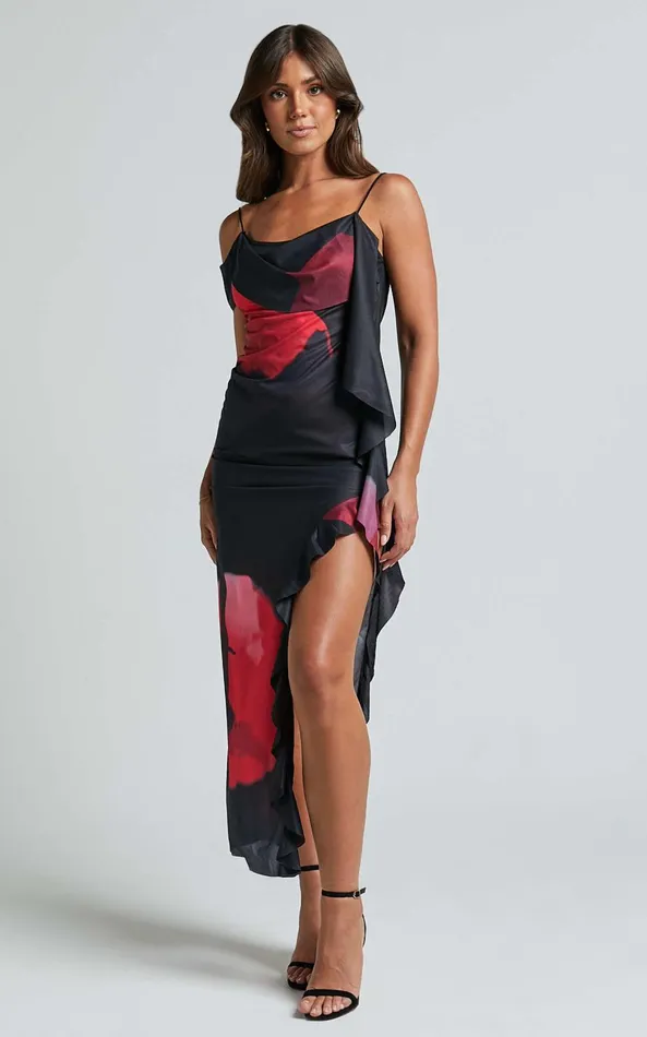 Showpo Daise Maxi Dress 8211 Ruffle Detail Maxi Dress In Black And Red Floral Women Dresses