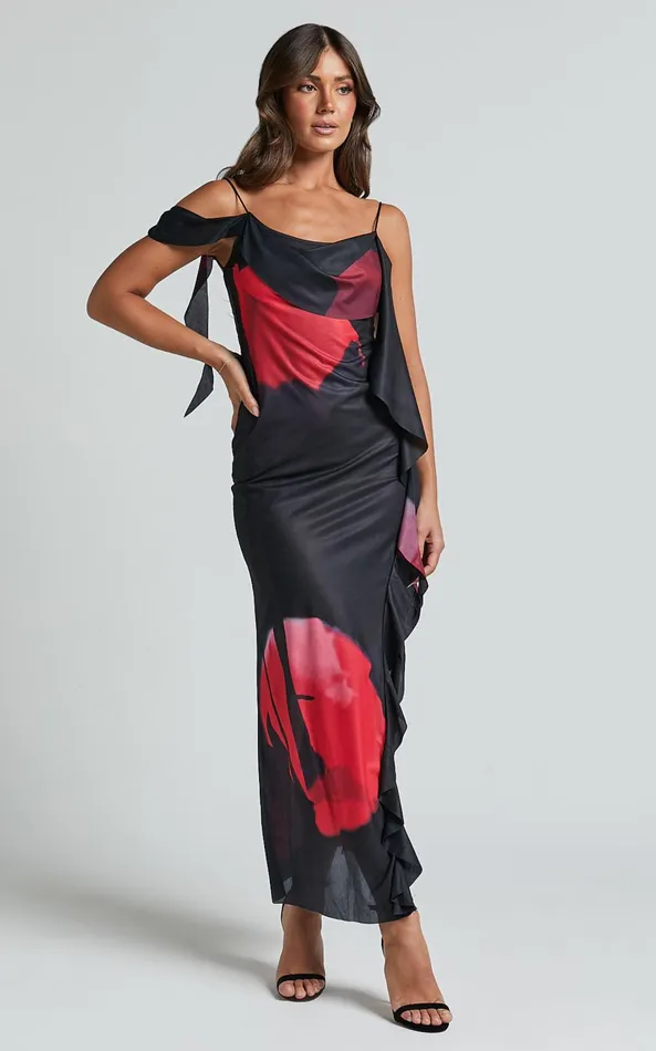 Showpo Daise Maxi Dress 8211 Ruffle Detail Maxi Dress In Black And Red Floral Women Dresses