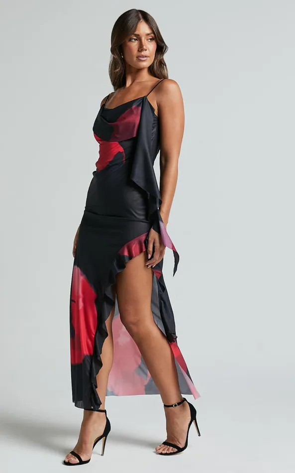 Showpo Daise Maxi Dress 8211 Ruffle Detail Maxi Dress In Black And Red Floral Women Dresses