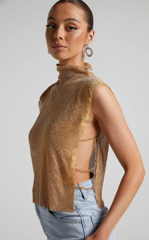 Showpo Dalena Top 8211 Sleeveless High Neck Mesh Chainmail Top In Gold Women Tops Showpo Dalena Top 8211 Sleeveless High Neck Mesh Chainmail Top In Gold Women Tops