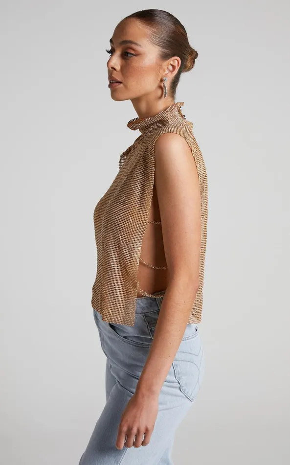 Showpo Dalena Top 8211 Sleeveless High Neck Mesh Chainmail Top In Gold Women Tops